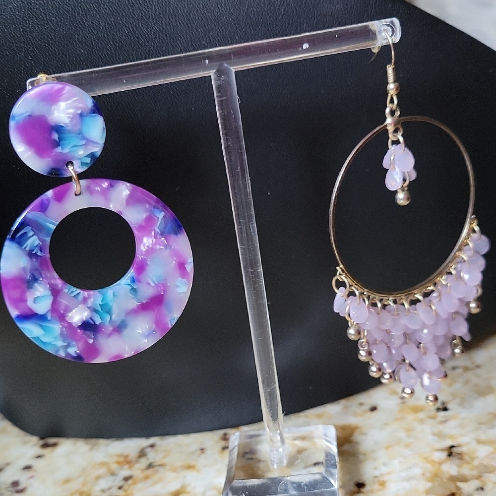 2 Pairs Of Purple Dangle Earrings